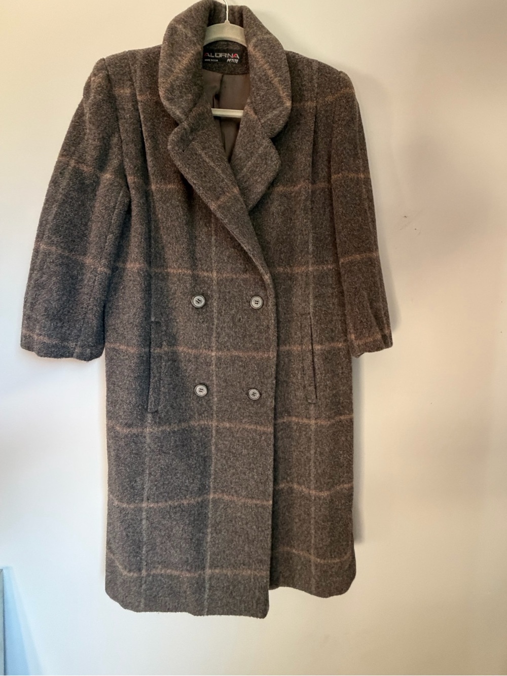 Alorna Vintage Women's Brown Plaid Wool Blend Double-Breasted Coat Petite M
